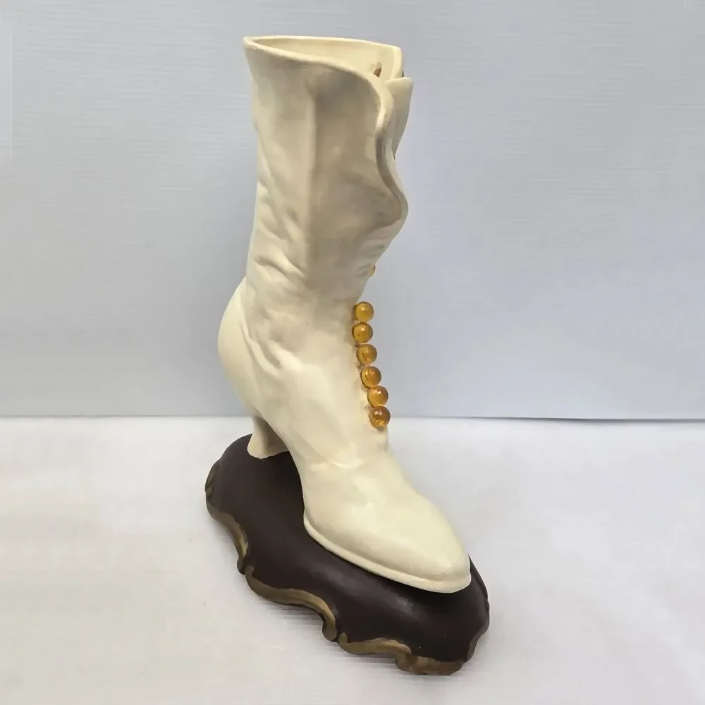 Atlantic Mold White Ceramic Victorian High Top Button Boot Vase Lace Up Shoe Vtg